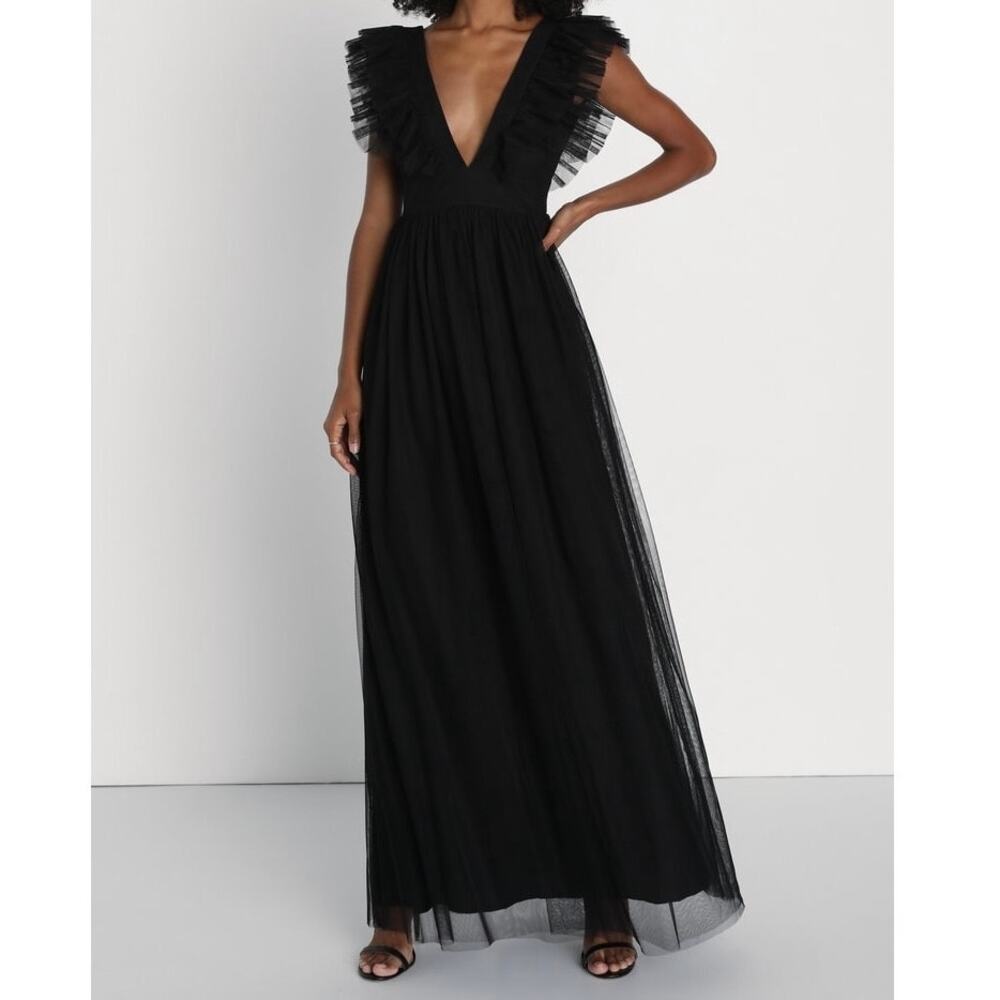 Lulus Simply Delighted Black Mesh Ruffled Backless Maxi Dress